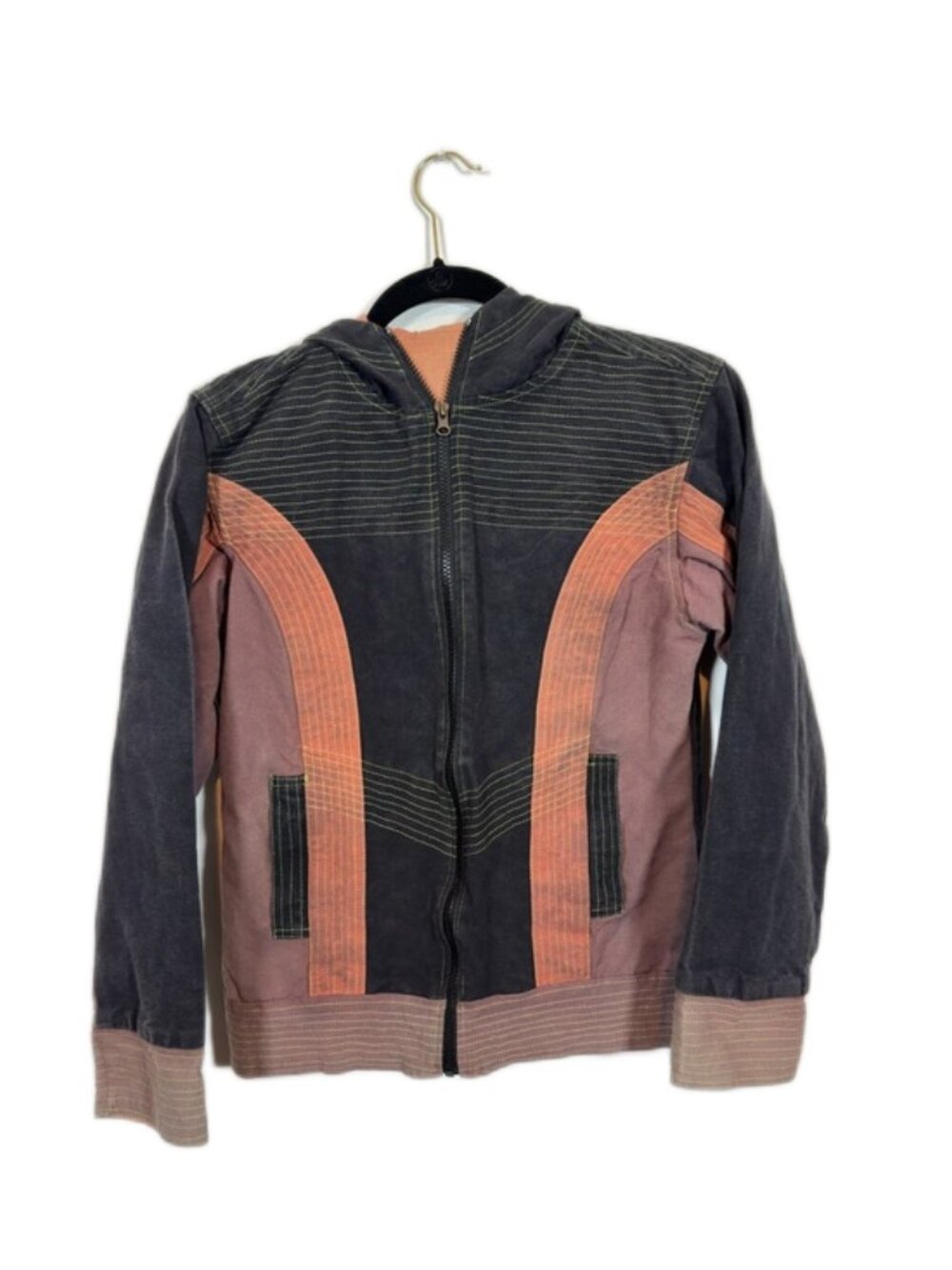 Women's Distressed Hoodie Jacket Size M Black Orange Gorpcore Casual Streetwear